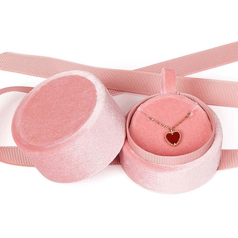 Beatilog Small Necklace Gift Box - Velvet Pendant Case Portable Round Jewelry Storage with Elegant Ribbon Bow for Birthday, Mothers Day, Christmas, Wedding, Anniversary ï¼ˆPinkï¼‰ - Image 1